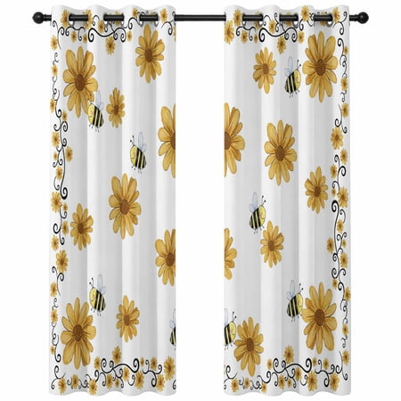 Yellow Daisy Blackout Curtains 63 Inches Long Bee Rustic Farmhouse Wildflowers Floral Thermal Insulated Room Darkening Drapes with Grommets for Living Room 42 W x 63 L 2 Panels