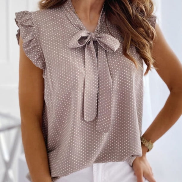 Blusa de mujer con pajarita, cuello con volantes, manga, camisa de puntos, tops casuales de verano s Abanopi Café/Medio