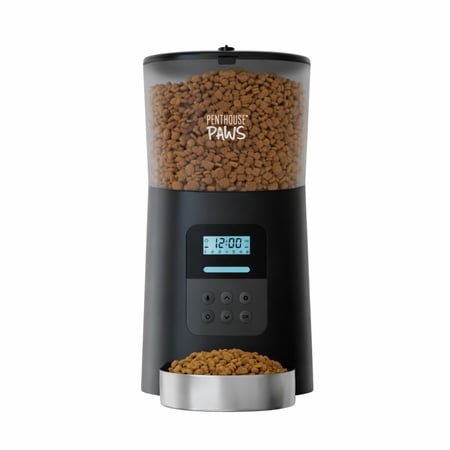 Penthouse Paws Automatic Cat Feeder with LCD Twist-Lock Storage Anti-Jam Voice Meal Call Battery Backup Stainless Steel Bowl Up to 15 Daily Meals Single Tray 6L for Cat & Dog Black/ Stainless
