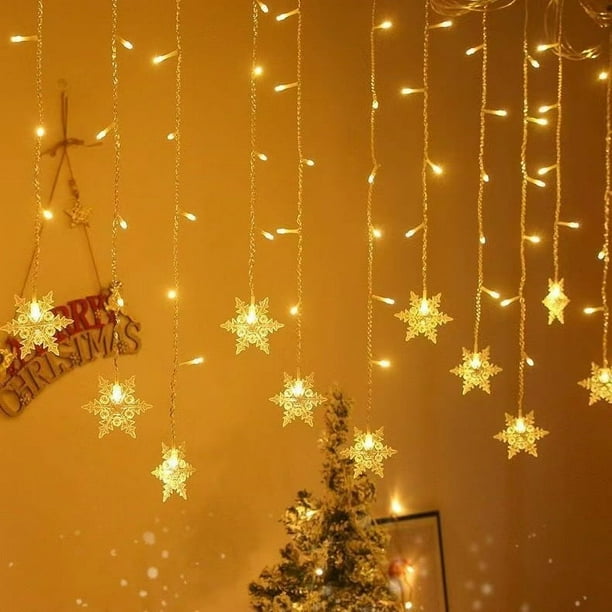 Tira de luces LED con forma de copo de nieve, decoración navideña, cortina de luces festivas (cálidas)