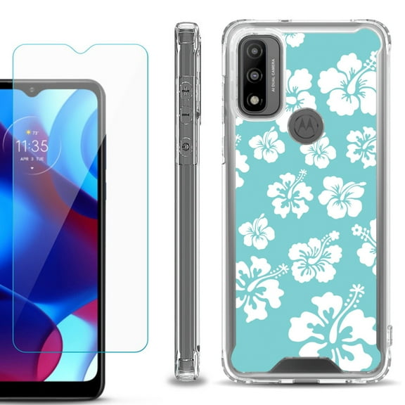 Shockproof Bumper Phone Case for Motorola Moto G Pure, with Tempered Glass Screen Protector, by OneToughShield ® - Hibiscus Teal