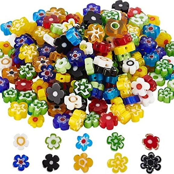 200Pcs Handmade Millefiori Lampwork Glass Beads Flower Flat Round Loose Spacer Bead for DIY Jewelry Making Handmade Crafts