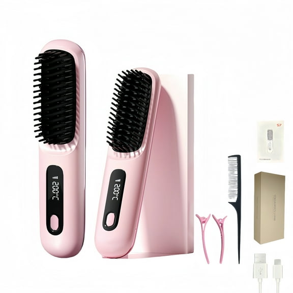 Hair Straightener Brush, Wireless Straight Hair Comb, Portable Straightening Brush with LED Display Screen, Anti-Scald Ceramic and 3 Temperature Adjust & USB Rechargeable, Pink