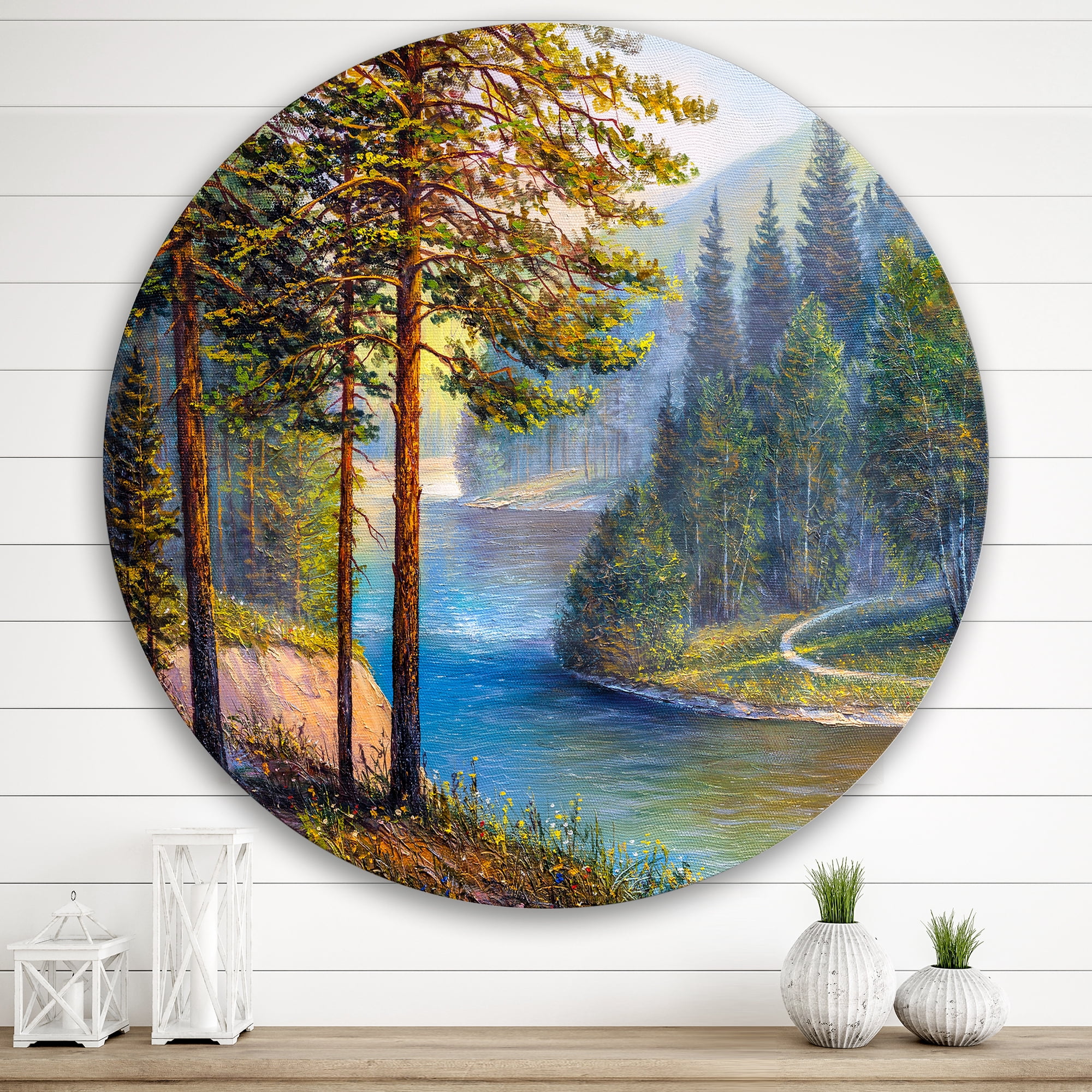 Designart 'Sunrise Glow Through The Pine & Fir Forest' Lake House Circle Metal Wall Art 36x36 - Disc of 36