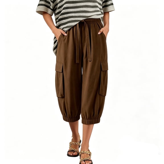 Cutuoiiu Womens Summer Cargo Capri Pants High Waist Drawstring Elastic Waist Loose Fit Casual Pants with Utility Pockets