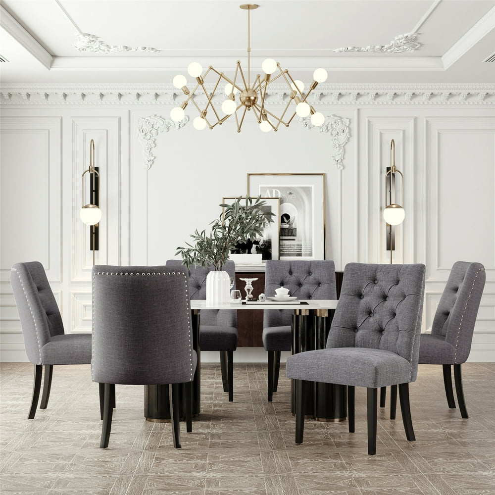 Solid Wood Tufted Upholstered Armless Dining Chairs Set Of 6 For ...