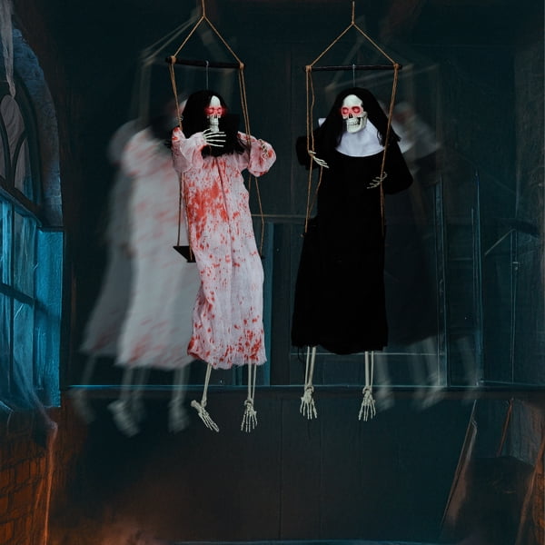 Alvantor 2-Pack 3 ft Hanging Ghost Halloween Decorations with Red LED Eyes and Horror Sound, Black and White
