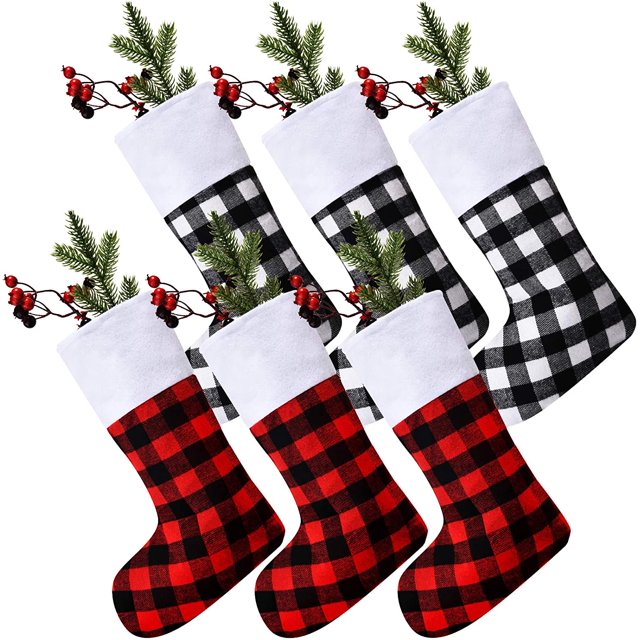 6 Piezas Calcetín Navideño a Cuadros de Búfalo Calcetín Clásico Decoraciones Calcetín Navideño con Puño de Felpa para Decoración de Fiesta Navideña Familiar Vhermosa WMZL-2229-3