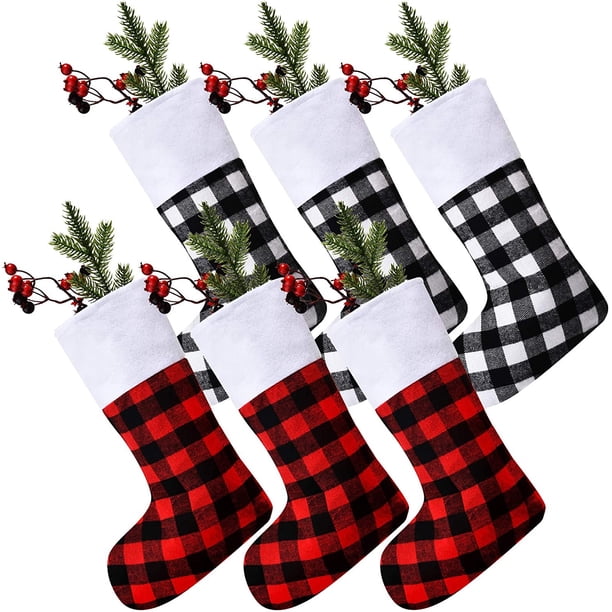 Skylety - Juego de 6 medias navideñas a cuadros de búfalo, decoraciones clásicas, ligas navideñas con puños de felpa para el hogar, decoraciones navideñas para fiestas (rojo, negro y blanco y negro) Ormromra WMZL-2229-3