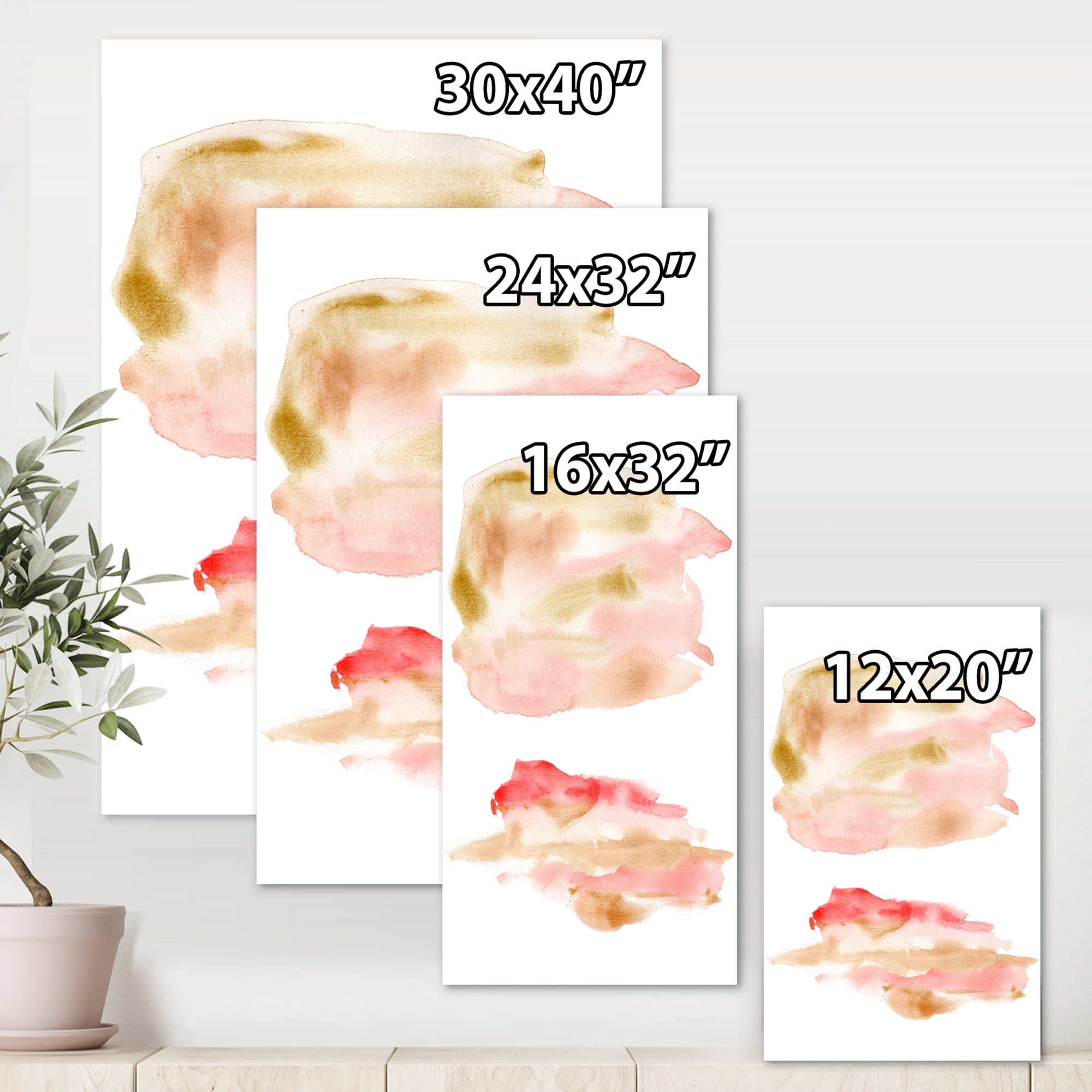 Designart ' Abstract Clouds Set With Pink Gold Beige and Red ' Modern Canvas Wall Art Print