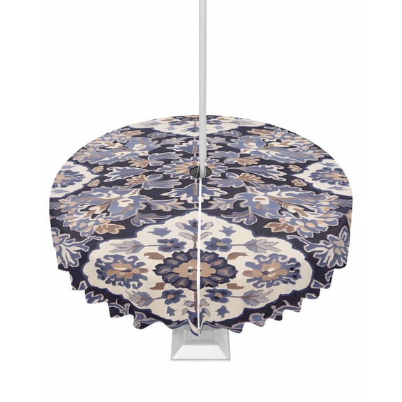 Fsddascl Purple Boho Outdoor Tablecloth - 54 Inch Round Dining Table Cover, Farmhouse Vintage Ethnic Flowers Pattern Waterproof Outdoor Table Cloth with Umbrella Hole & Zipper for Picnic/Patio/Party