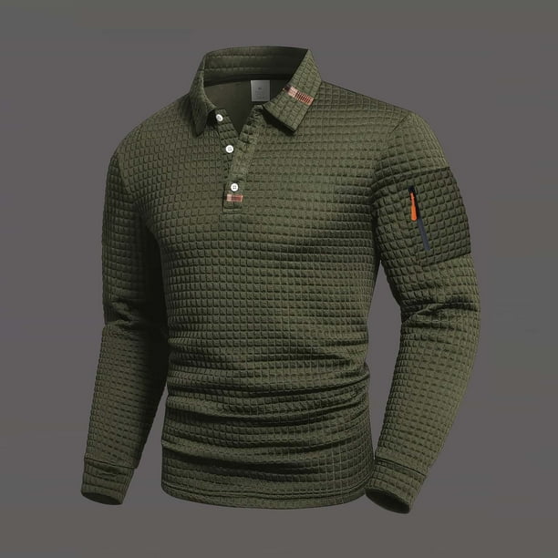 pstuiky Camisas casuales de manga larga para hombre, Camiseta de manga larga con solapa y botones para hombre, color liso, con cuello cuadrado pequeño top de hombre xxl