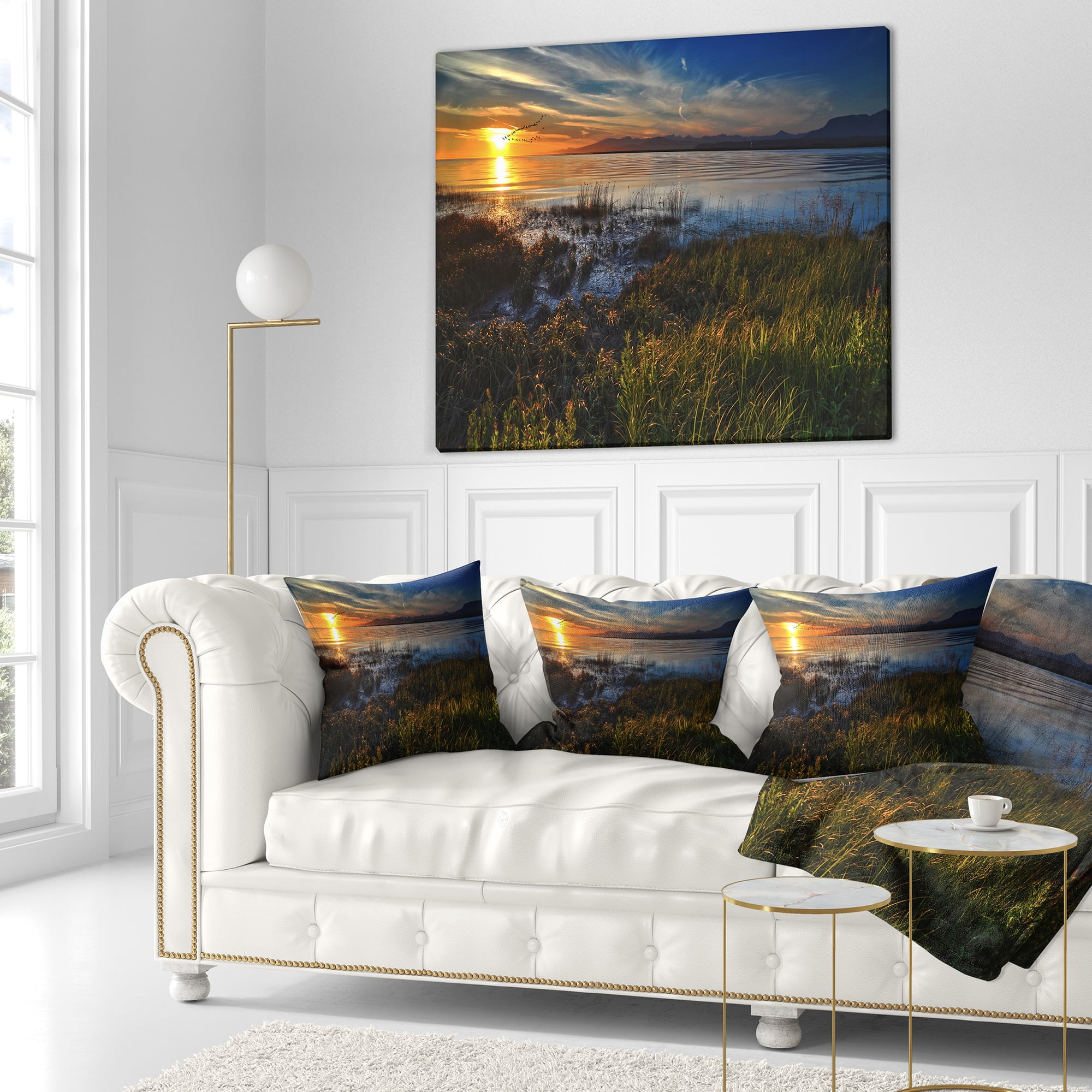 Designart Warm River Sunset With Migrating Geese - Landscape Printed Throw Pillow - 16x16