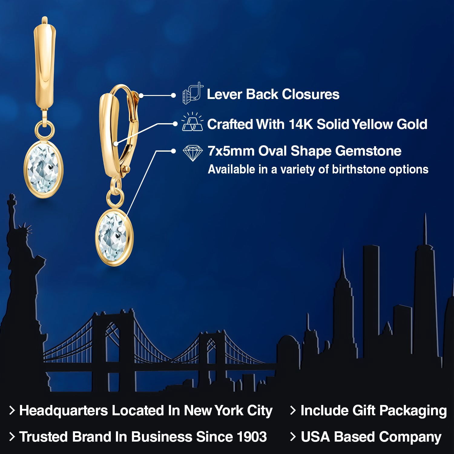 Gem Stone King 14K Yellow Gold Sky Blue Aquamarine Earrings for Women | 1.5 Cttw | Gemstone Birthstone | Oval 7X5MM | Fine Jewelry Gifts for Women Mom Wife Her