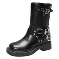 thumbnail image 3 of Womens Biker Motorcycle Mid Calf Boots Square Toe Low Heel Thick Sole Riding Boots with Fashion Buckles Studded, 3 of 7