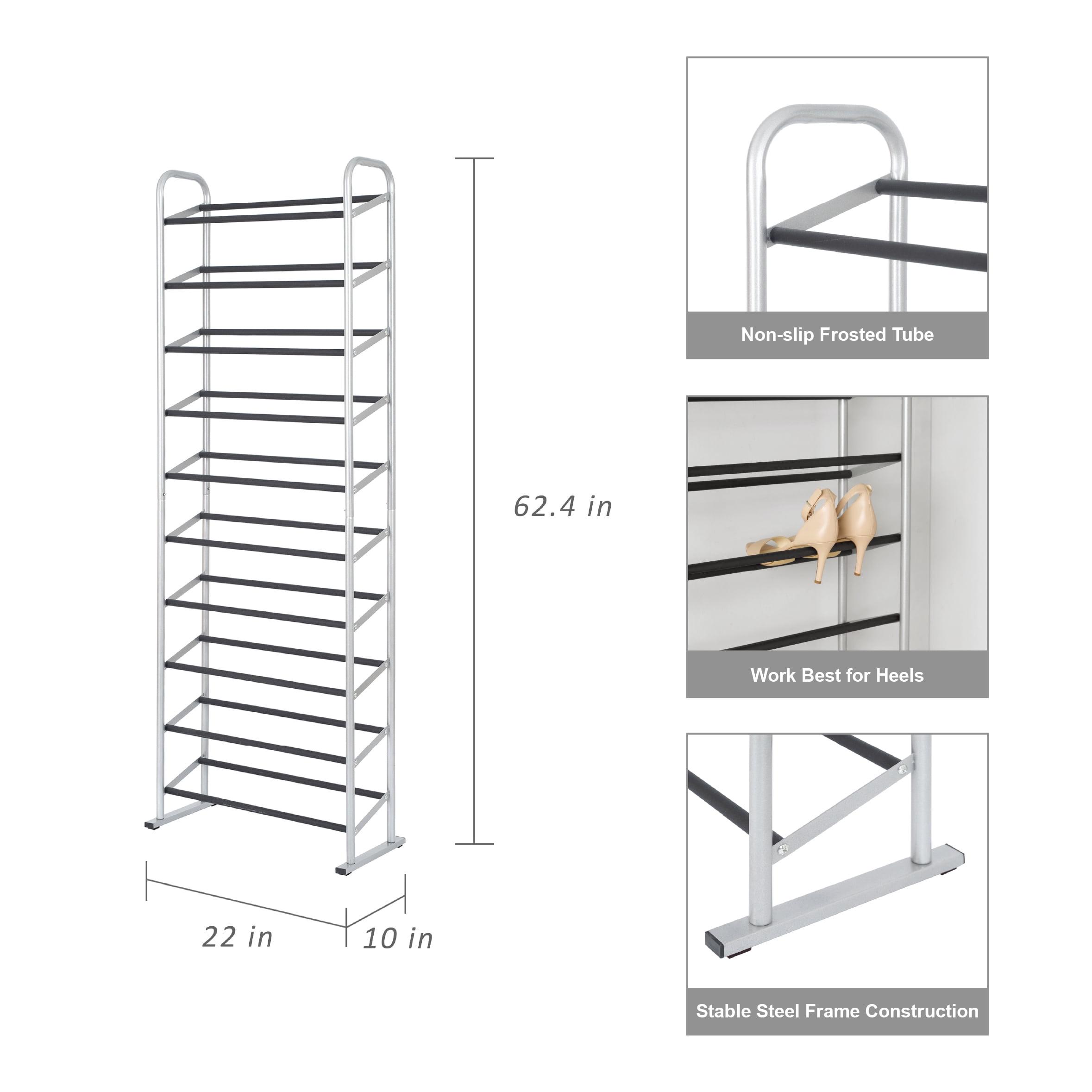 Mainstays 10-Tier Silver & Black Narrow Shoe Rack for Shoe Storage, Holds up to 30 Pairs