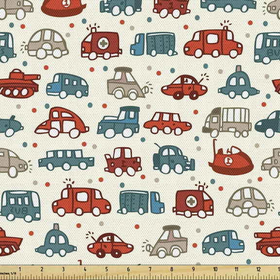 Cars Fabric by the Yard Upholstery, Cheerful Boy Play Things in Doodle Style with Many Different Vehicles, Decorative Fabric for DIY and Home Accents, 10 Yards, Scarlet Teal Tan by Ambesonne