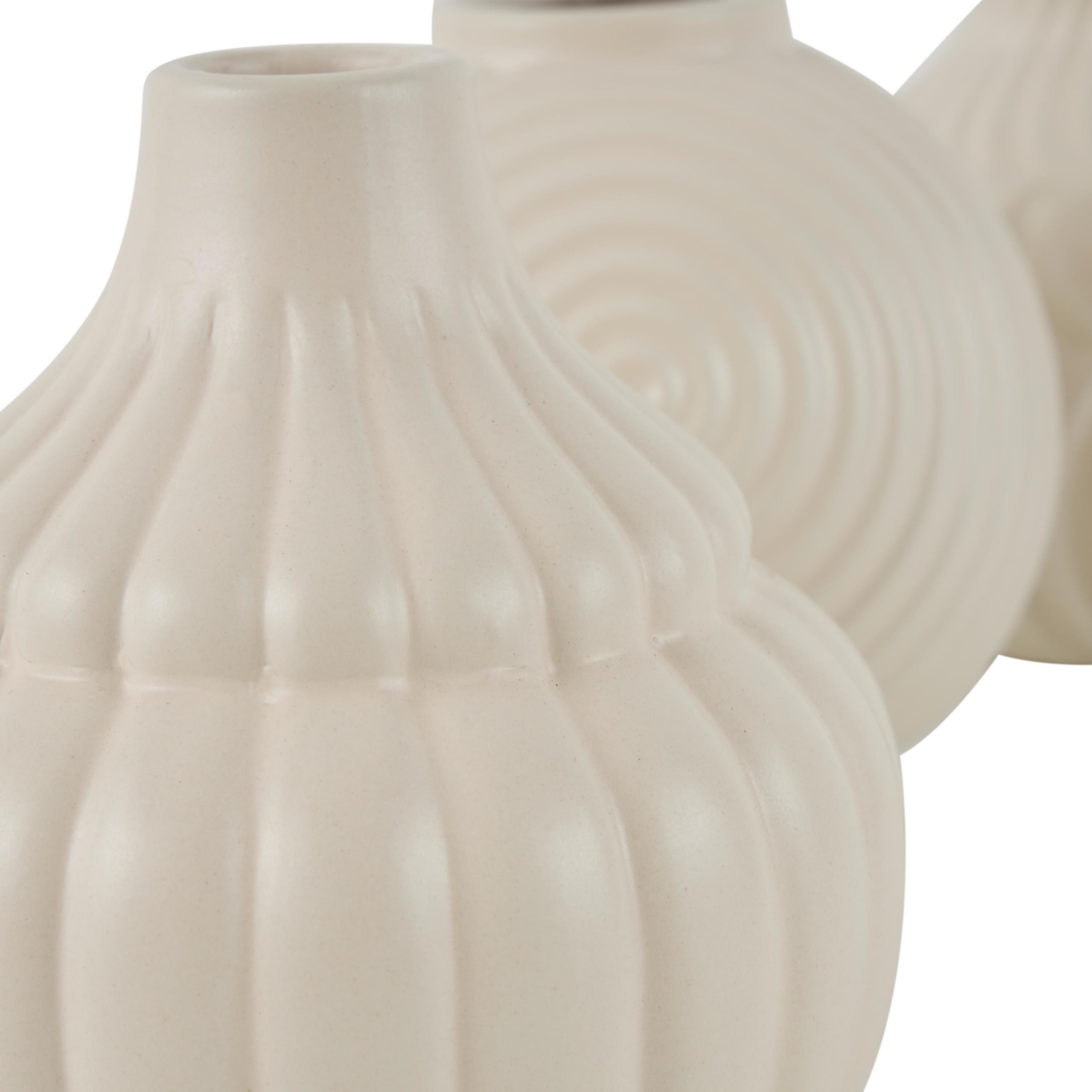 DecMode 5"W, 6"H Abstract Small Textured Cream Ceramic Vase with Varying Shapes and Patterns, Set of 3