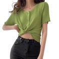 thumbnail image 1 of Camisa de mujer con botones, suéter de punto fino, camiseta informal de manga corta suave, verde Speravity AP001278-05B, 1 of 7