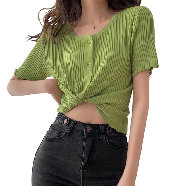 Camisa de mujer con botones, suéter de punto fino, camiseta informal de manga corta suave, verde Speravity AP001278-05B