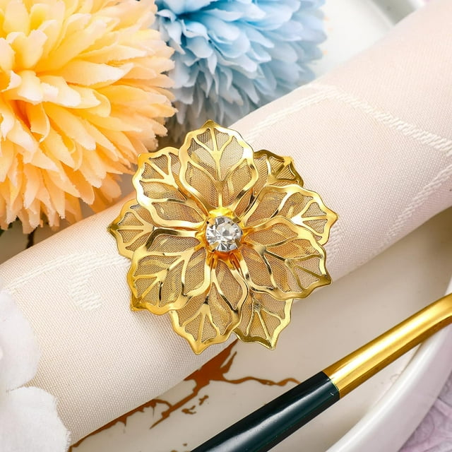 Paquete de 24 servilleteros de flores ahuecados, juego de servilleteros con diamantes de imitación florales de aleación, adorno exquisito para el hogar para Navidad (dorado)