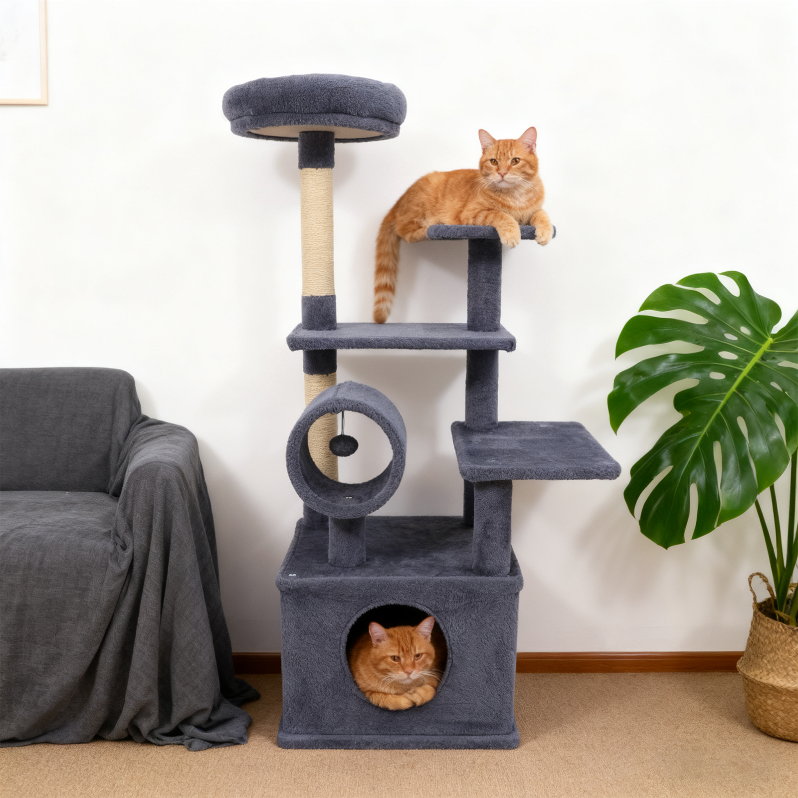 Gymax 48'' Tall Cat Tree w/ Large Condo Padded Top Perch Jute Scratching Post Tunnel Dark Grey