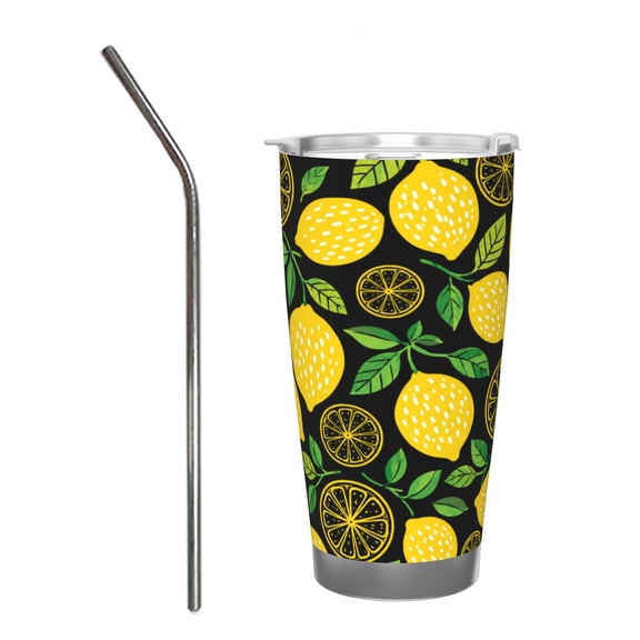 20oz Lemon Citrus Black Fresh Fruit Botanical Summer Insulated Tumbler with Handle and Straw Travel Cup Car Cup with Stainless Steel Straw