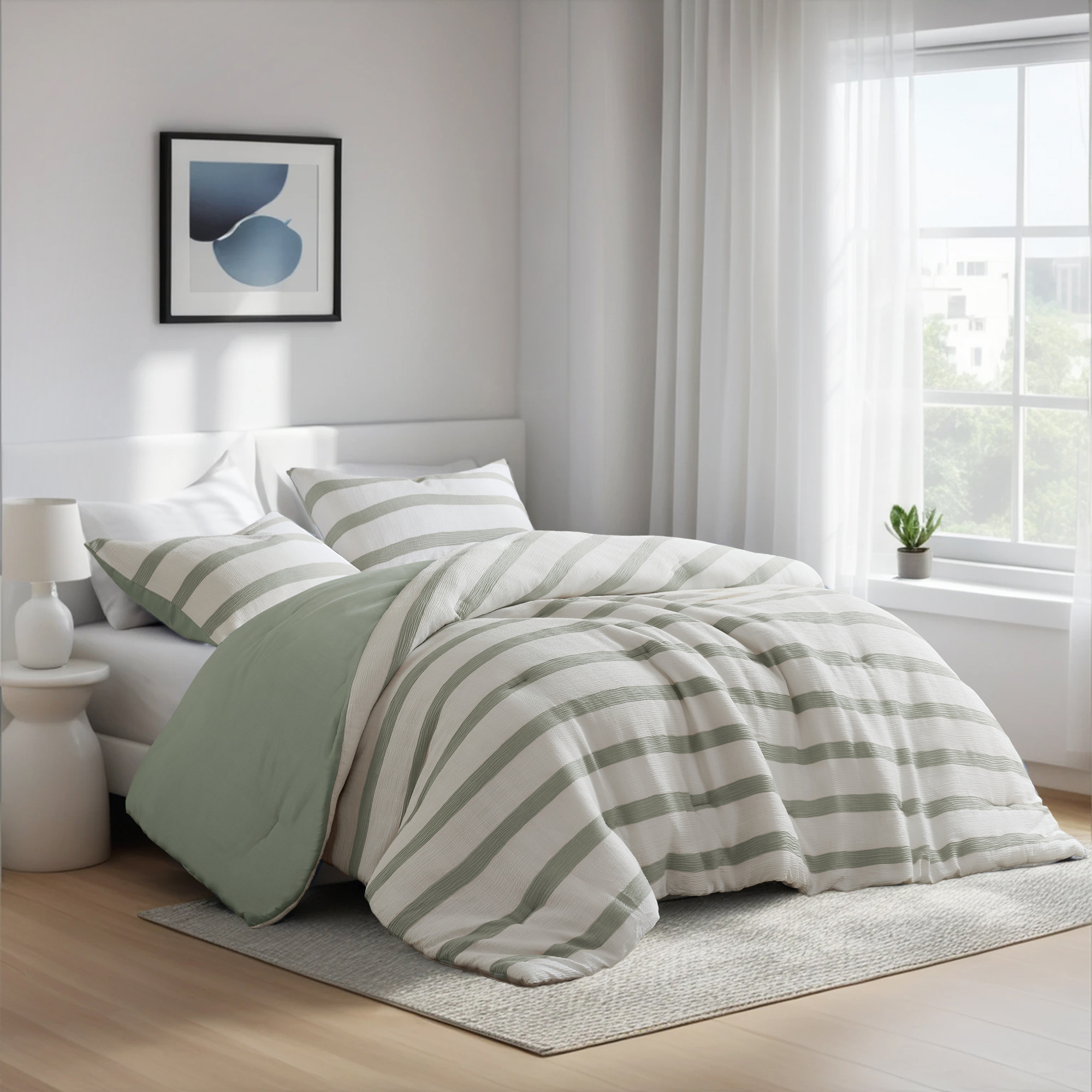 Regency Heights King/Cal King Comforter Set, Striped Texture Bedding Comforter Sets, 3 Pieces Tonal Stripes Woven Comforter with Pillow Sham, Sage Green