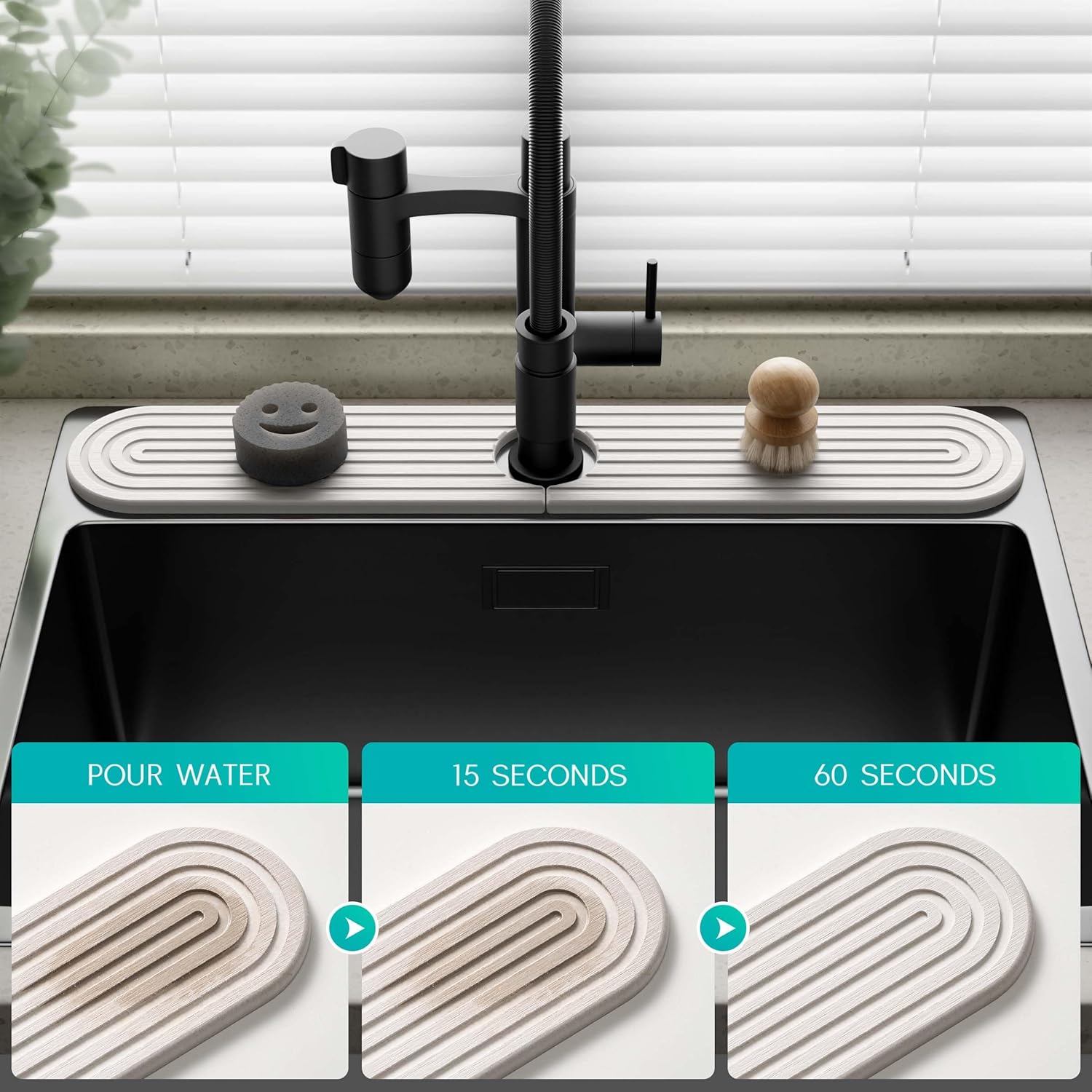 Stone Faucet Mat for Kitchen Sink – Diatomite Fast-Drying Stone Tray, Faucet Mat Sink Splash Guard, Decorative Sink Protector for Kitchen Bathroom Counter [White, 23.6''x3.9'']