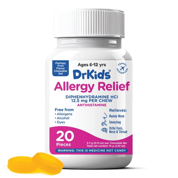 DrKids Children's Allergy Relief Chewable Gels - Kids Chewable Antihistamine for Sneezing, Runny Nose, Itchy Eyes & Throat, Pre-Measured Soft Chews, Fantasy Fruit Flavor, 20 Count.