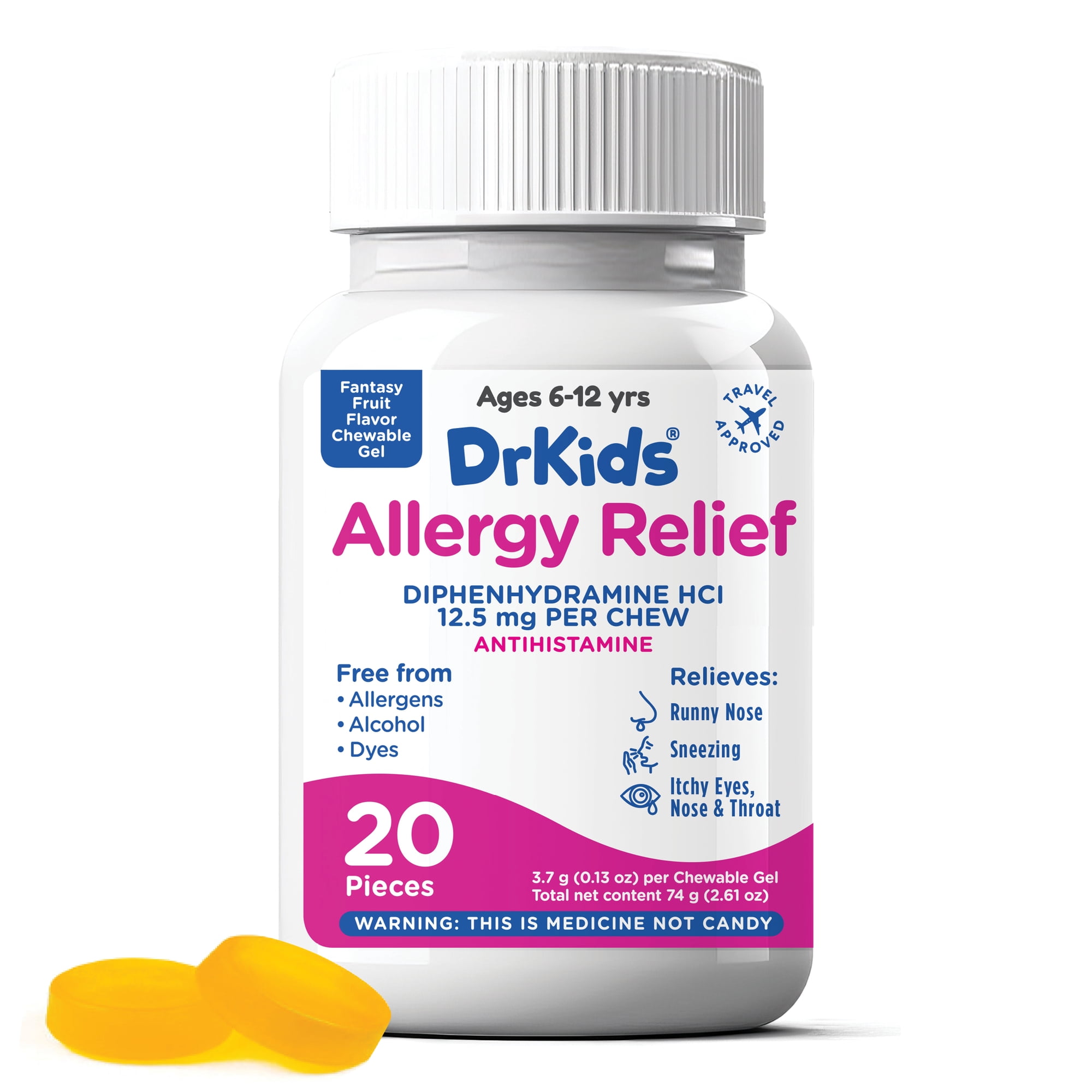 DrKids Children's Allergy Relief Chewable Gels - Kids Chewable Antihistamine for Sneezing, Runny Nose, Itchy Eyes & Throat, Pre-Measured Soft Chews, Fantasy Fruit Flavor, 20 Count.