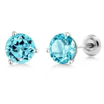 Gem Stone King 18K White Gold 1.80 Ct Round 6mm Swiss Blue Topaz 3-Prong Martini Stud Earrings for Women Men