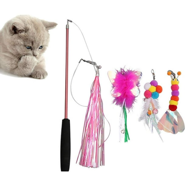 Supermandulit 5 Pieces Of Cat Fishing Rod Telescopic Feather Toy Cat Whip Stick With Bell Spring Rod Pet Toy Interactive Toy