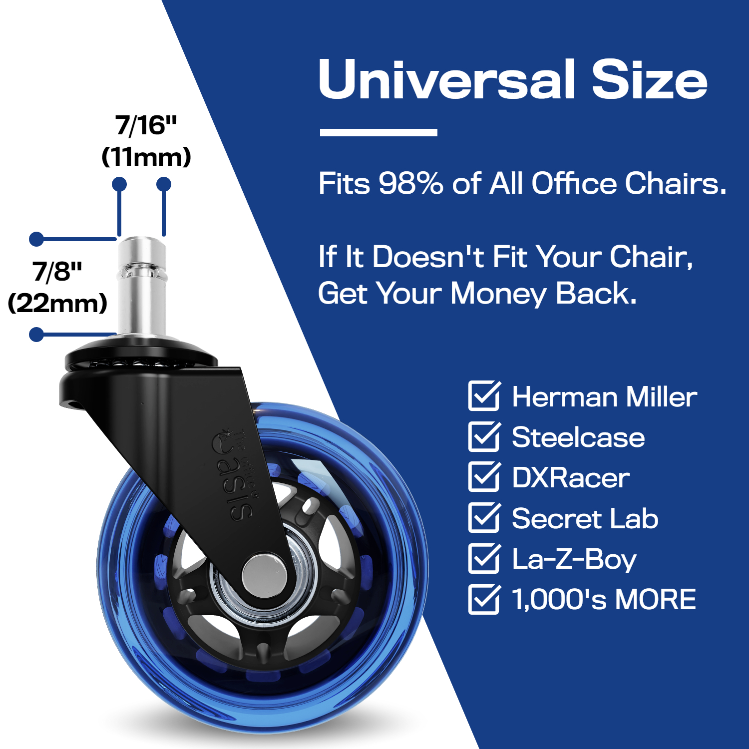 The Office Oasis Original Rollerblade Office Chair Wheels (As Seen On PBS) - Set of 5 - Blue