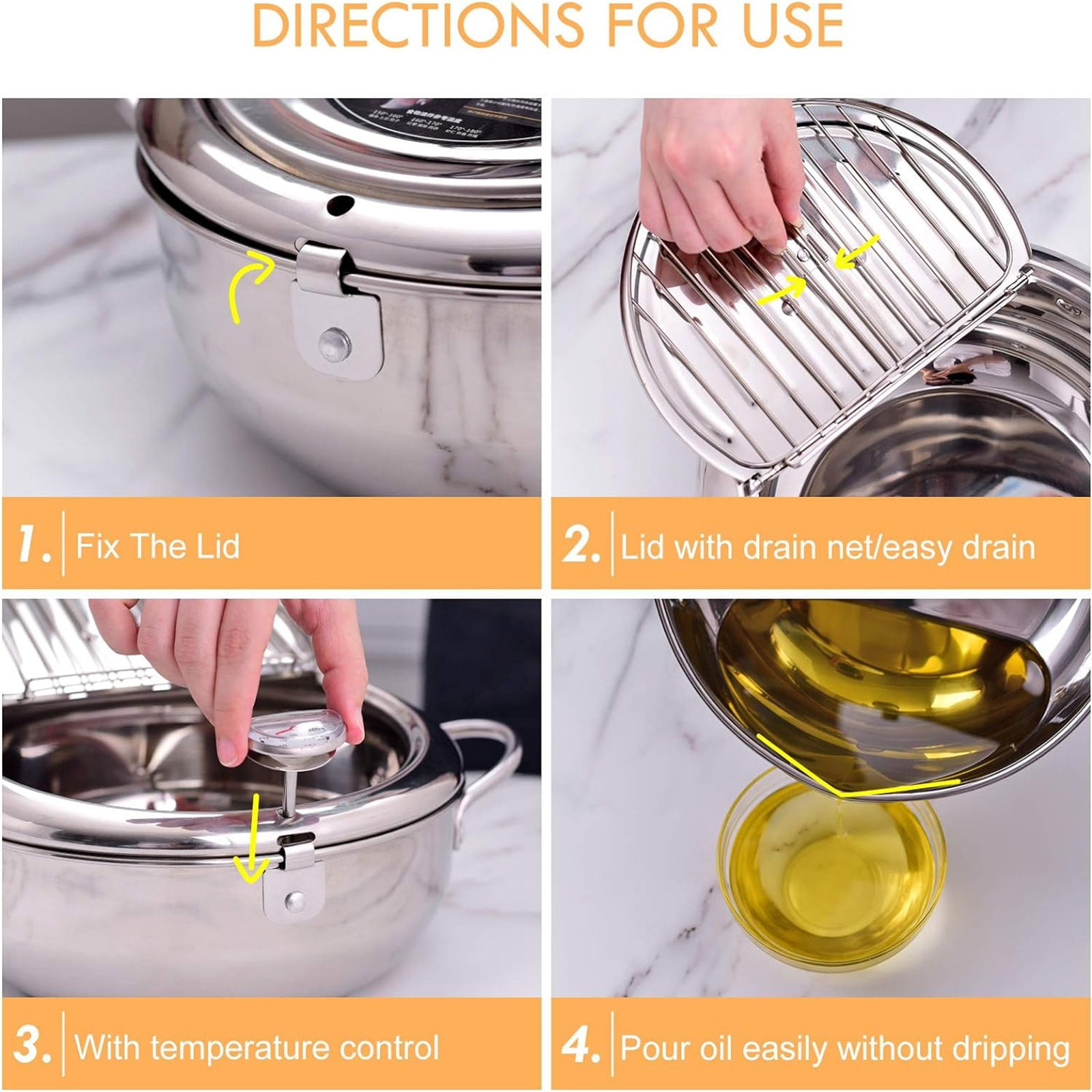 Cooking Utensils Clearance! One Piece Stainless Steel Frying Pan Stainless Deep Fryer New Japanese Deep Fryer Pot Stainless Deep Frying Pan with Lid Temperature & Oil Drip Drainer Filter Rack For
