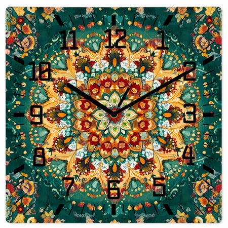 Boho Flower Wooden Wall Clock Silent Non Ticking, Yellow Green Bohemian Colorful Medallion Square Wall Clocks Battery Operated, Decor Clock for Home Office, Living Room, Kitchen, 12 Inch