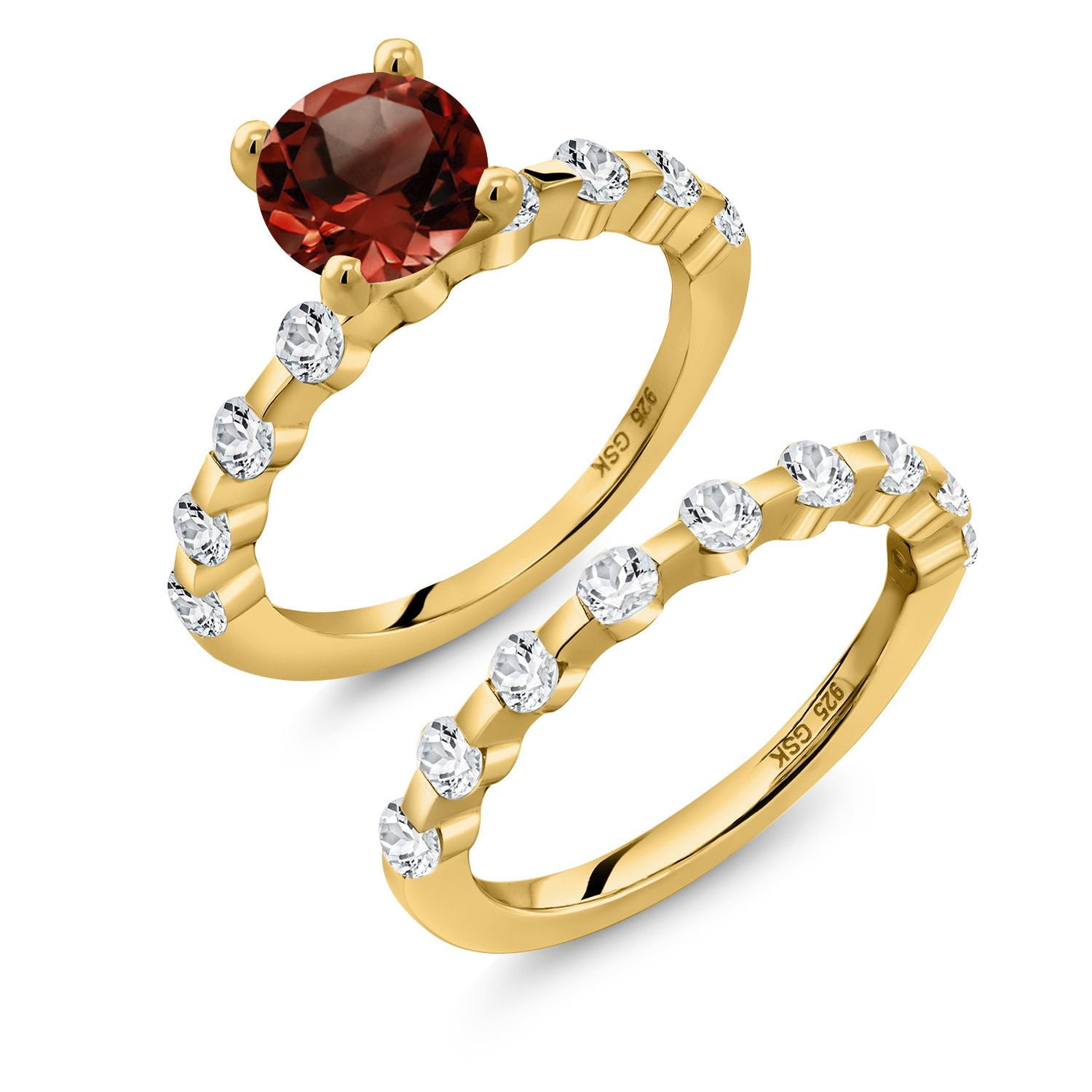 Gem Stone King 18K Yellow Gold Plated Silver Red Garnet and White Topaz Wedding Engagement Ring Band Bridal Set for Women (2.86 Cttw, Gemstone January Birthstone, Round 7MM, Size 5)