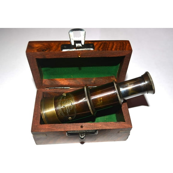 4.5" Handheld Brass Antique Telescope with Wooden Box - Pirate Navigation