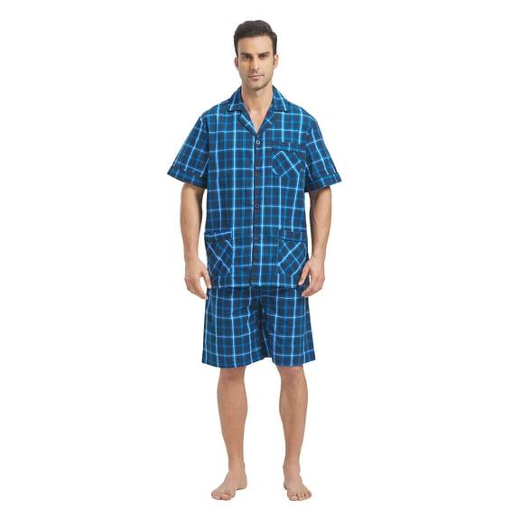 Men Cotton Pajama Shorts For Men Lightweight Plaid Soft Nightwear Short Sleeves PJS With Pockets