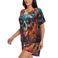 thumbnail image 2 of Kdxio Colorful Floral Skull A Print Pajamas Sets for Women Short-Sleeved Pjs with Lounge Shorts Two Piece Sleepwear S-4XL, 2 of 5