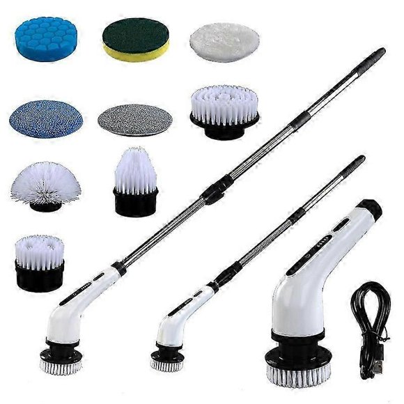 Type A Long Handle Electric Spin Brush Cordless Shower Scrubber With 9 Replacement Heads