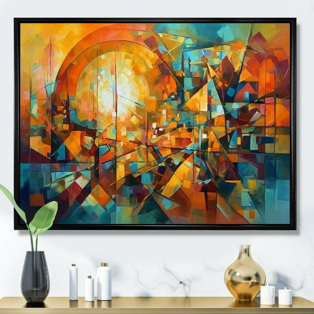 Designart Abstract Cubism framed wall art Print, Abstracted Cubist Forms I , Abstract Cubism Large framed wall art decor, Orange Modern black framed wall art, 20x12 inches black frame