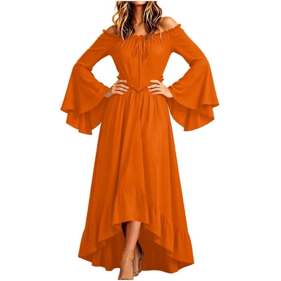 KICILVS Womens Halloween Costumes Plain Long Bell Sleeve Ruffle Trim Neck Drawstring Waist Flowy Maxi Party Dress Orange