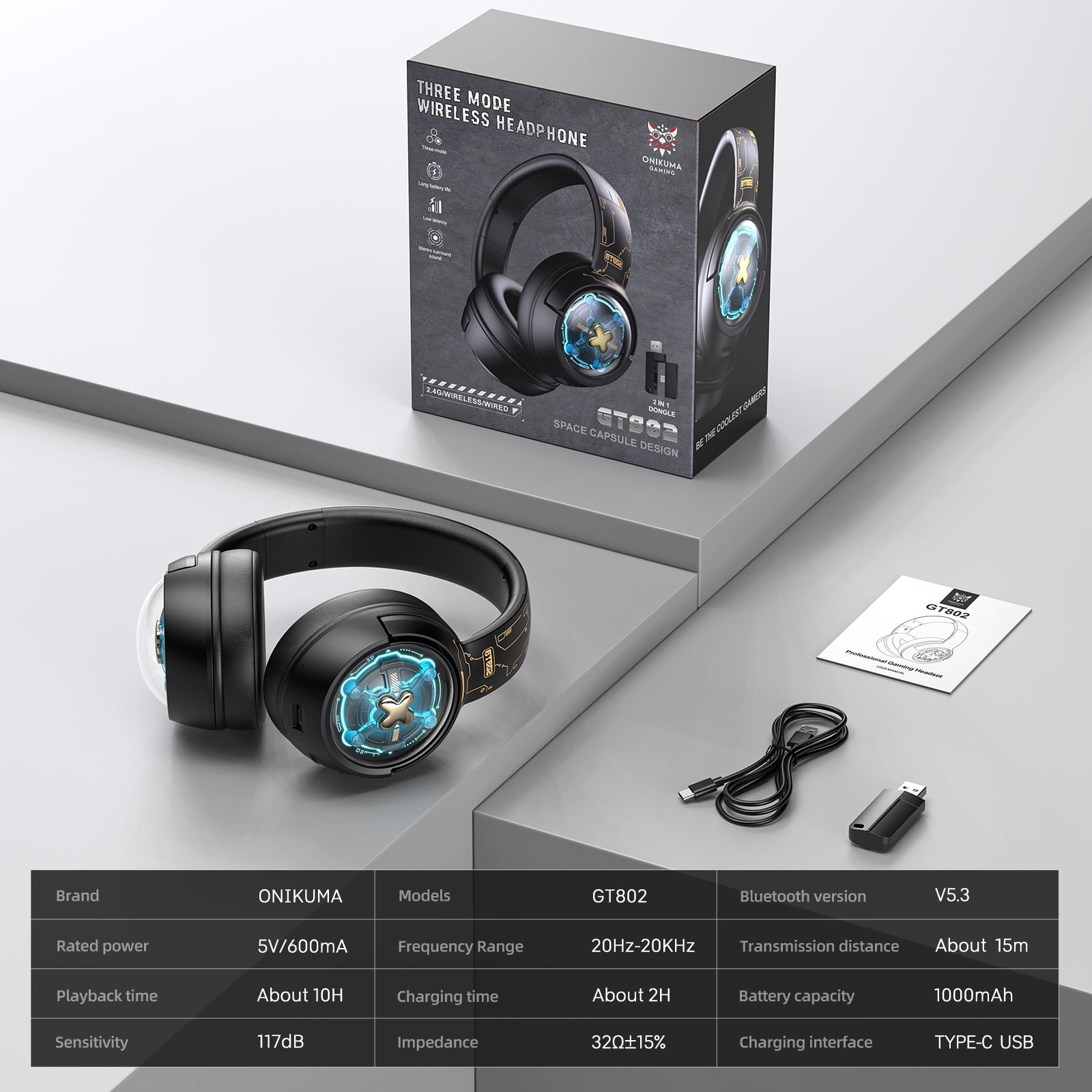 Wireless Gaming Headset for PS5/PC/PS4/Switch,Wired/2.4G/Bluetooth Gaming Headphones with Mic/Surround Sound/Space Capsule Design and Cool Linght/1000mAh Large Battery/Black