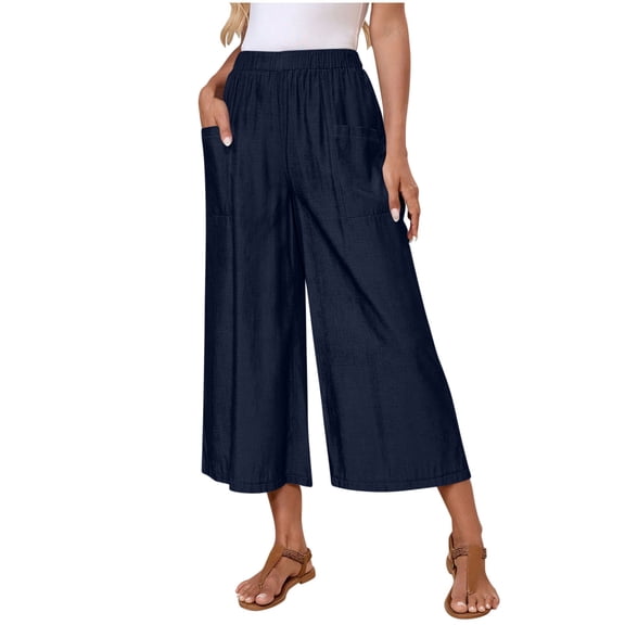 GUACER Women's Wide Leg Pants Elastic Waist with Pockets Casual Summer Cropped Cotton Capri Pants