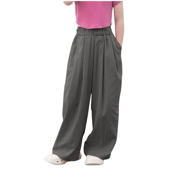 Odeerbi 4-13 Years Kids Girls Summer Ice Silk Wide Leg Pants Loose Breathable Elastic Waist Pants