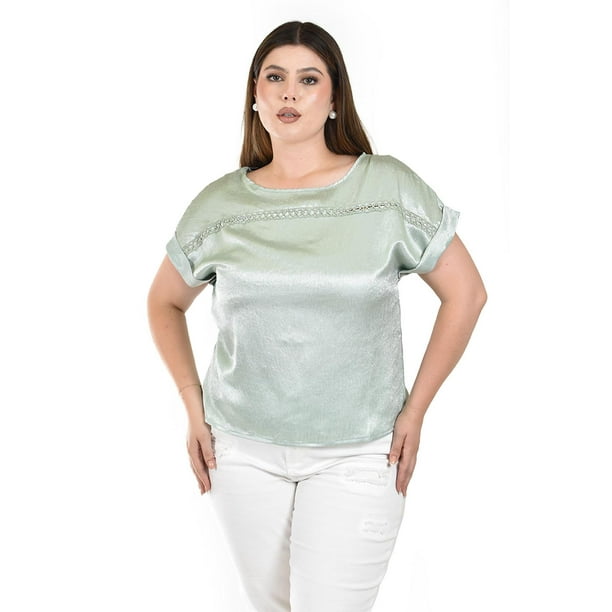 Blusa satinada con encanje Roman Fashion 010 Menta verde claro Talla Extra 36