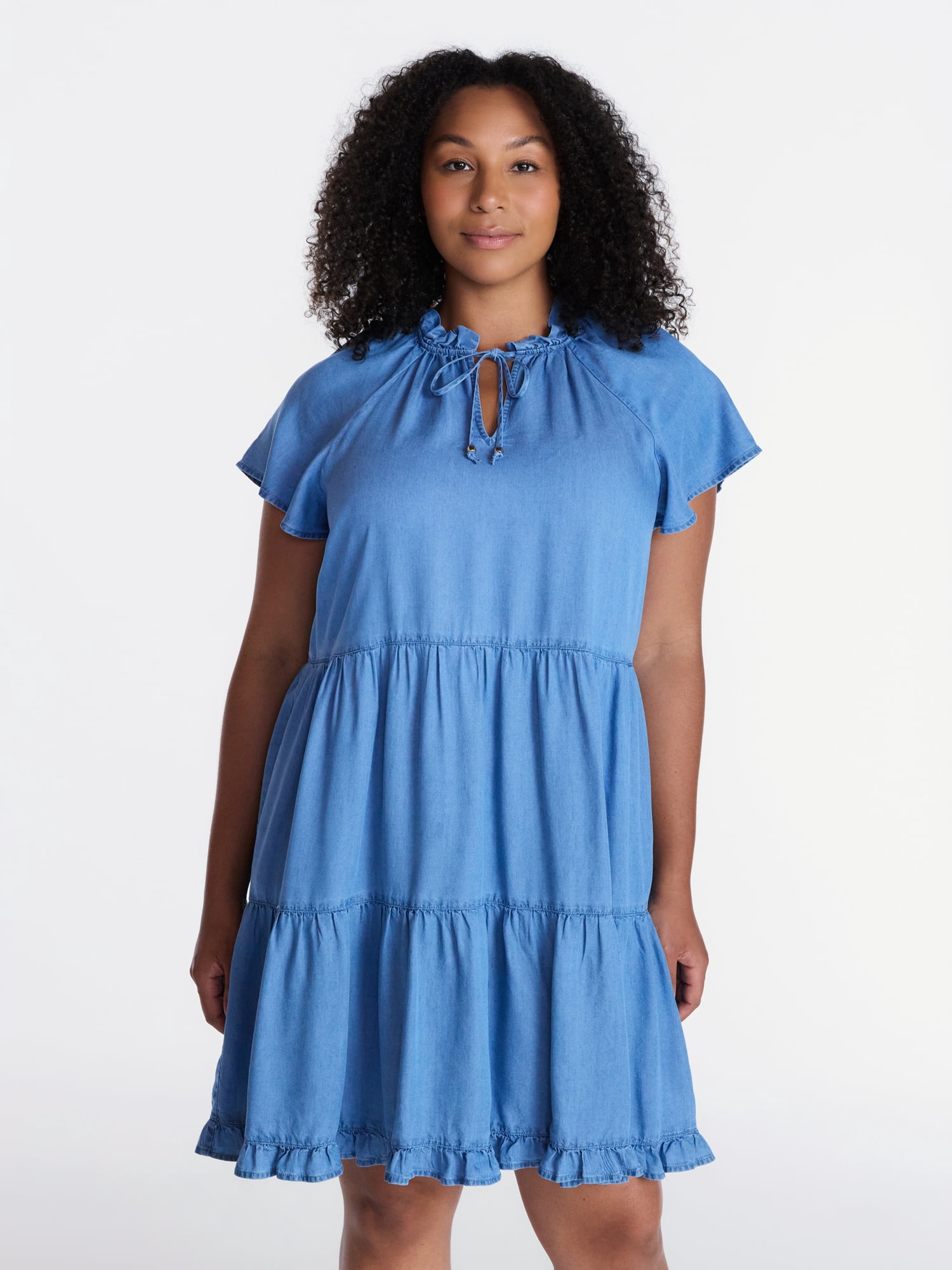 Time and Tru Women's Tiered Mini Dress with Flutter Sleeves, Sizes XS-XXXL