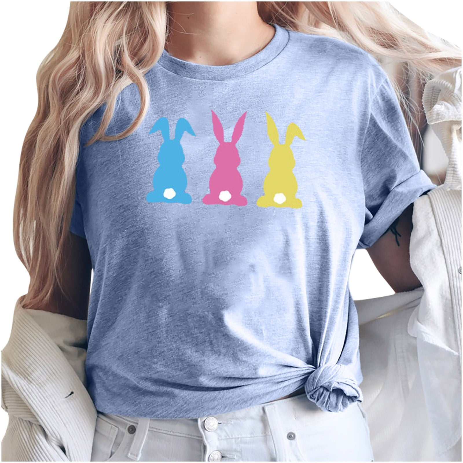 Taqqpue Womens Easter Shirts Casual Cute Easter Bunny Eggs Printed T ...