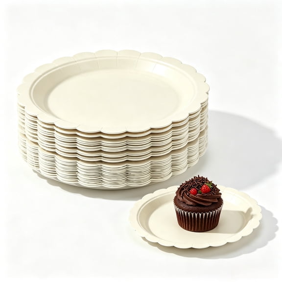 Scalloped Paper Plates 25 Pcs Ivory Disposable Cream for Party 9 Inch